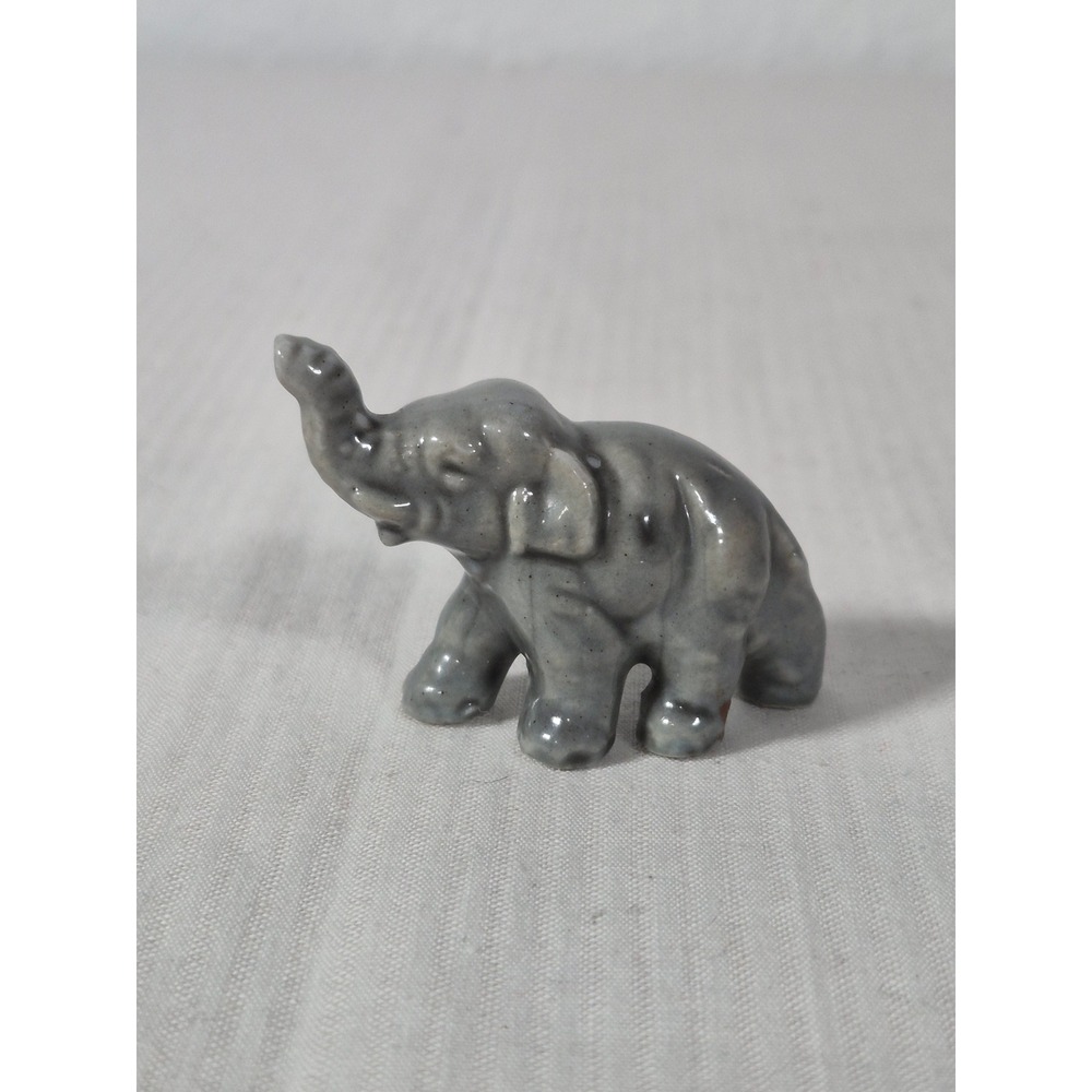 Vintage Miniature Ceramic Elephant Figurine Gray Glossy Japan Lucky Trunk Up